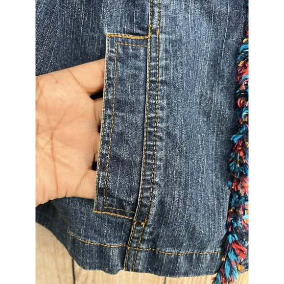 Vtg Boho Denim Jacket Sz 14 Blue Jean Full Zip Embellished Fringe‎ Beads Hippie - Picture 4 of 6